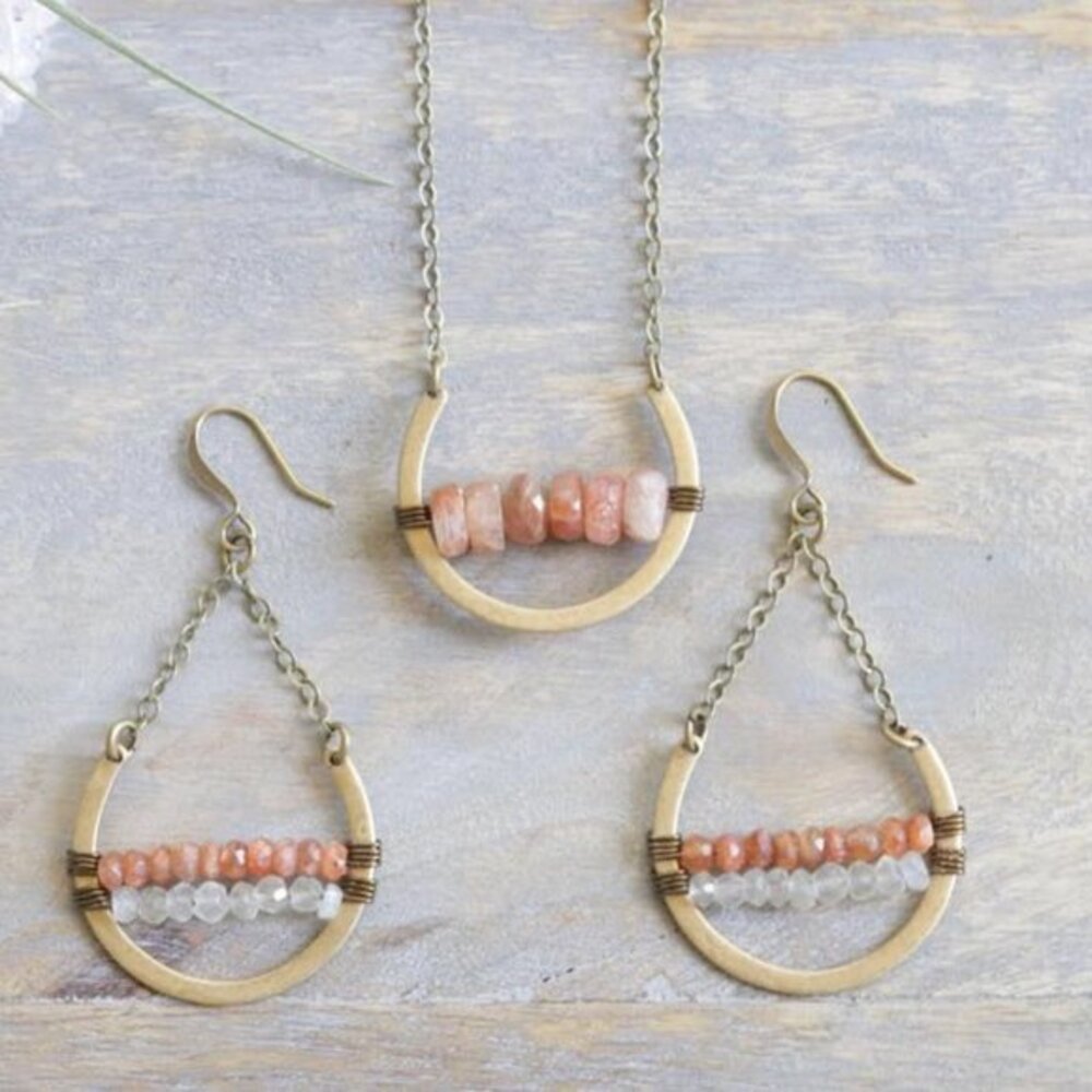 Sunstone and Moonstone Necklace and Earrings Set